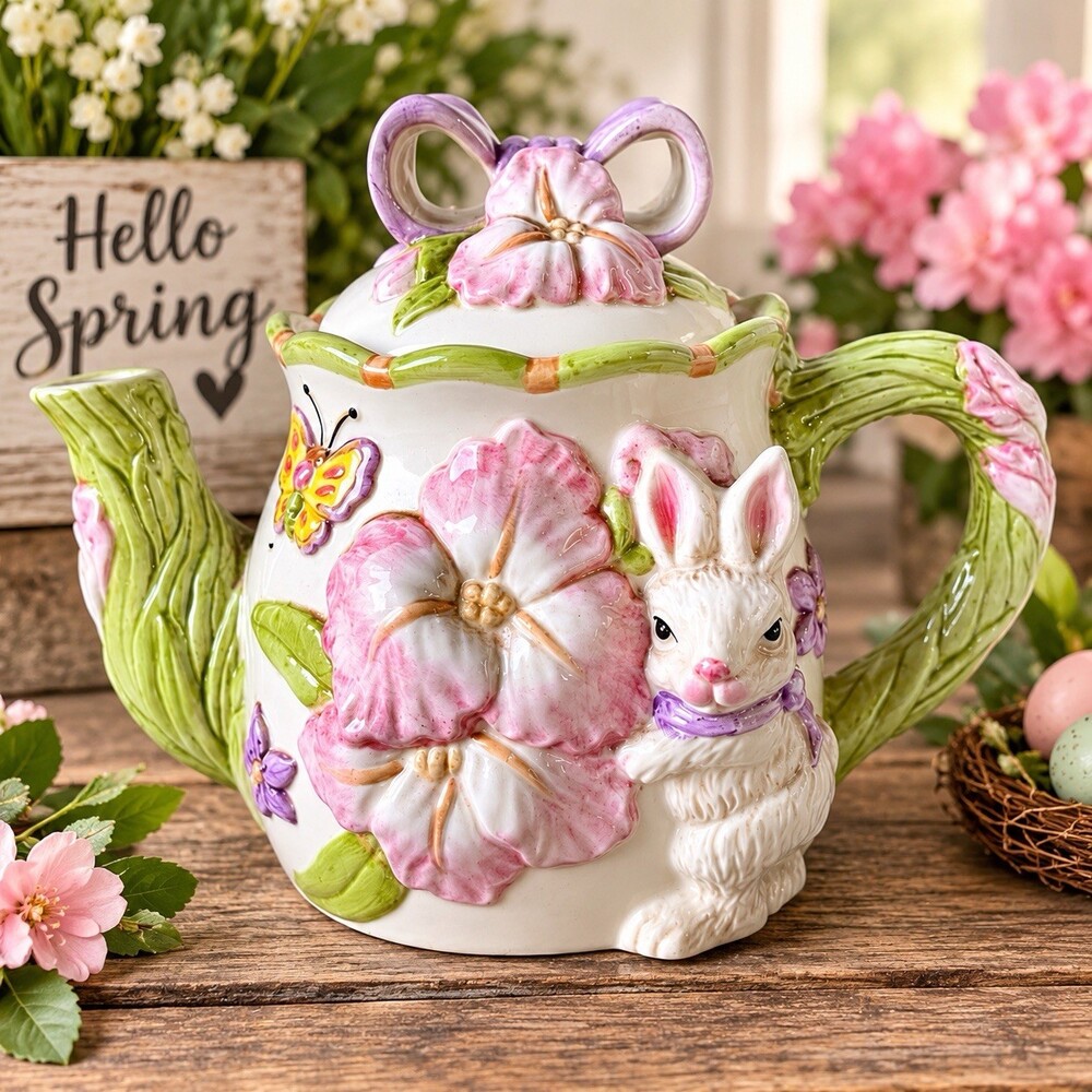 Vintage Bunny Rabbit Floral Ceramic Teapot Pink Flowers Easter Spring Decor